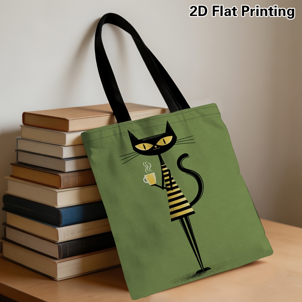 TEMU Borsa tote 1 pz, con stampa cartone animato che beve caff癡 e gonna a righe vintage. Grande capacit�, riutilizzabile. Adatta per spostamenti