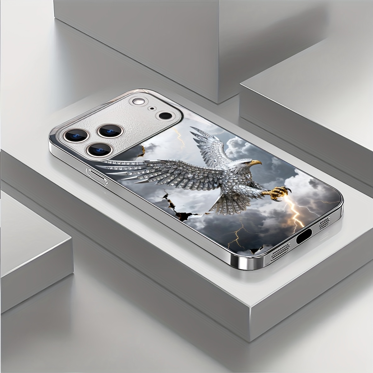TEMU Phone Case: 2d Flat, Thunder Cloud Silvery Eagle Pattern Electroplated Glass Phone Case, Suitable For Iphone 17/17 Pro/17 Pro Max/17 Air, 16/16