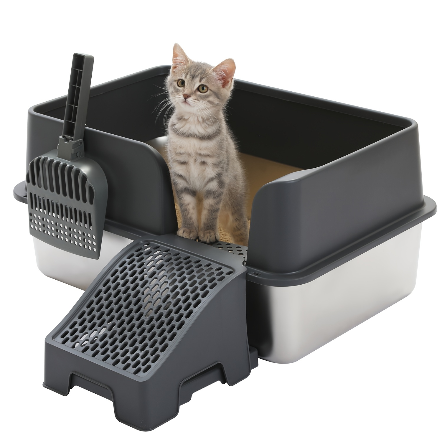Image of Road Stainless Steel Cat Litter Box Large Toilet With Foldable Scoop Low Entry Design Anti Filter Step Easy Clean Litter Tray For Large Cats Multi Cat Families