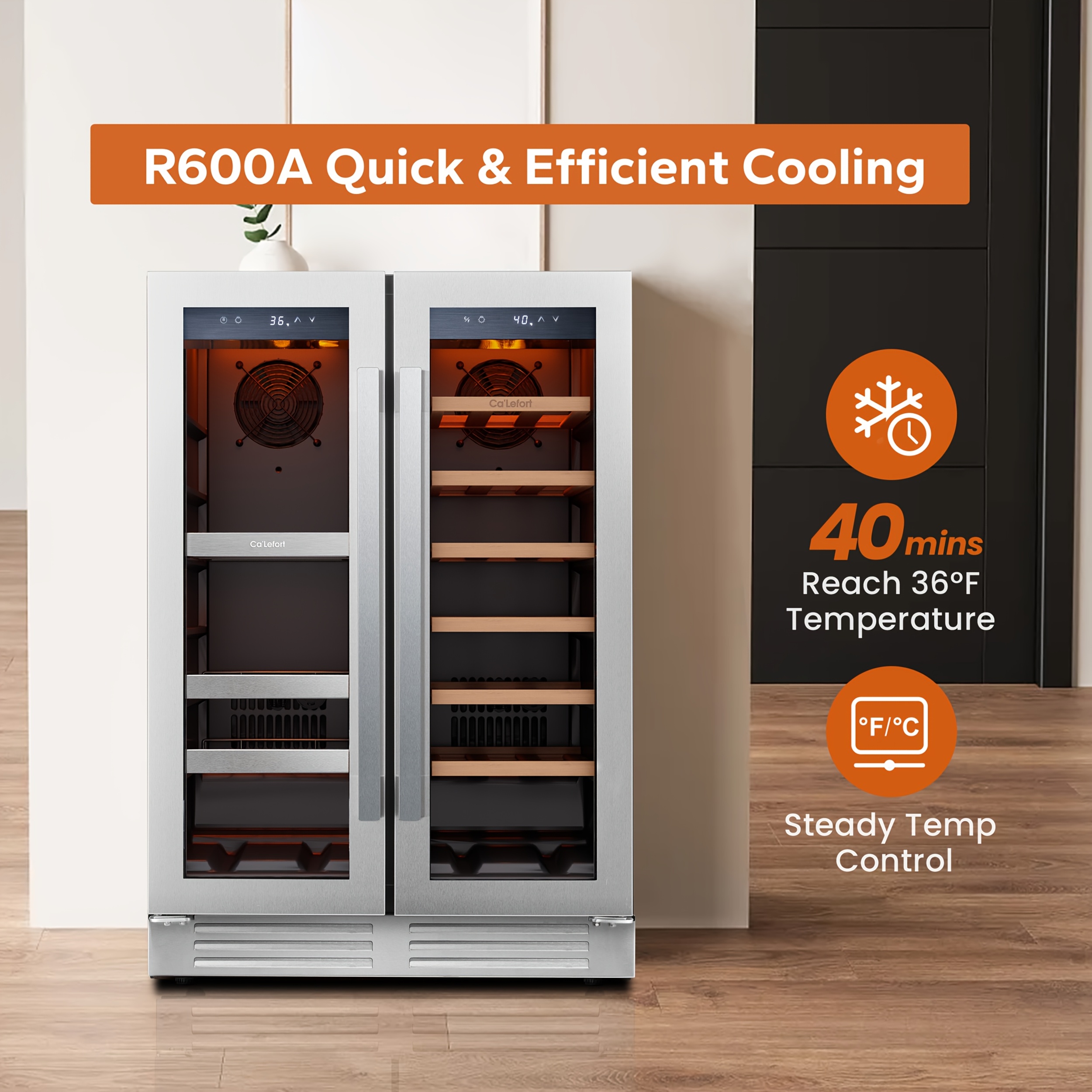 24 inch   wine and beverage refrigerator cooler 60 can and 20   beverage fridge us 115v wine refrigerator with 34 f 54 f temperature control beverage cooler built in or freestanding   home kitchen   cu ft Product details 5