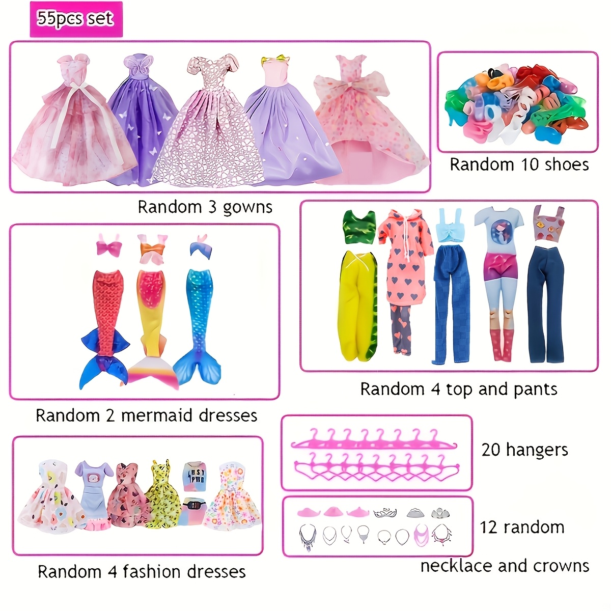Image of 55pcs Set Doll Clothes And Additions For 11.5in/30cm Fashion Dresses Mermaid Dress Top And Pants 20 Hangers And 10 Shoes Random Birthday Christmas Gift