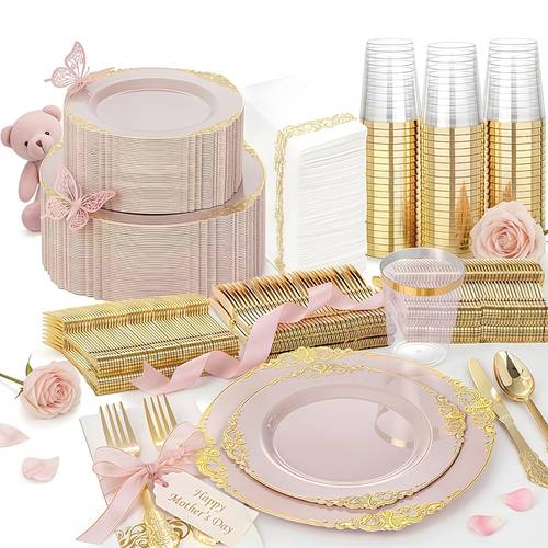 juego de 145 piezas de vajilla de plástico desechable rosa con floral dorado, reutilizable, para 20 invitados, ideal para s de , reuniones festivas, artículos esenciales de boda, banquetes, artículos de y equipo de catering - día de san valentín,