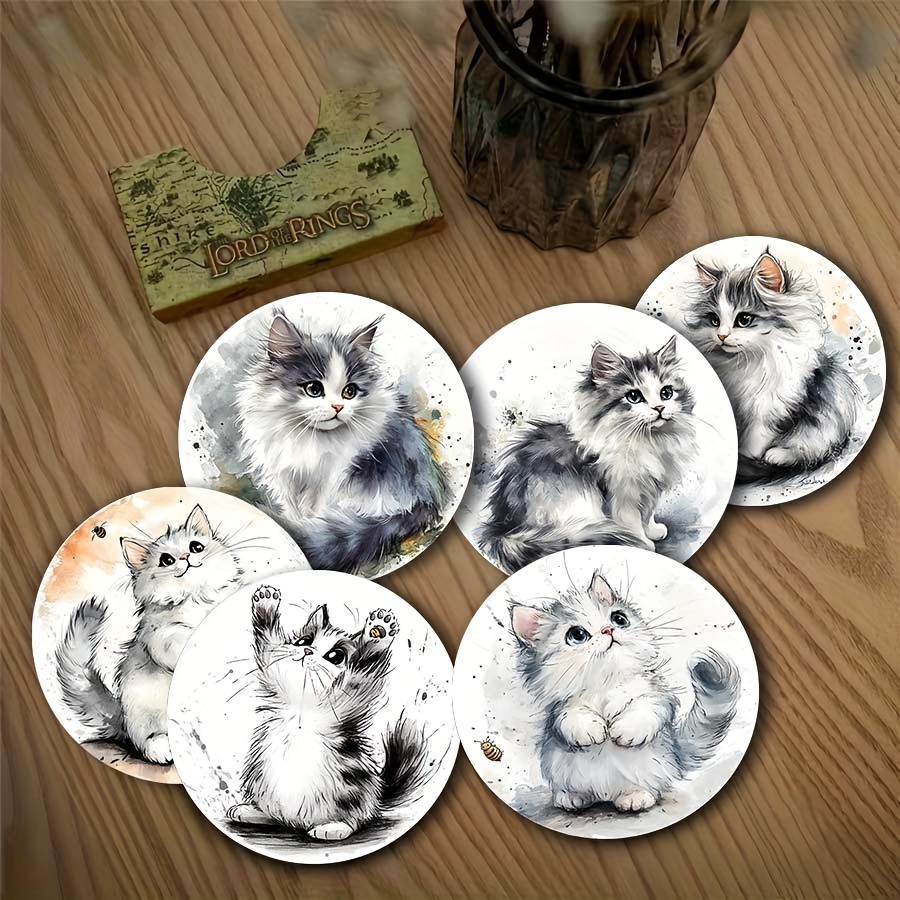 TEMU 6pcs Adorable Cat Coaster Set, Featuring Ink Wash Painting Design, Non-slip And Heat-resistant, Perfect For Coffee, Tea, And More - An For