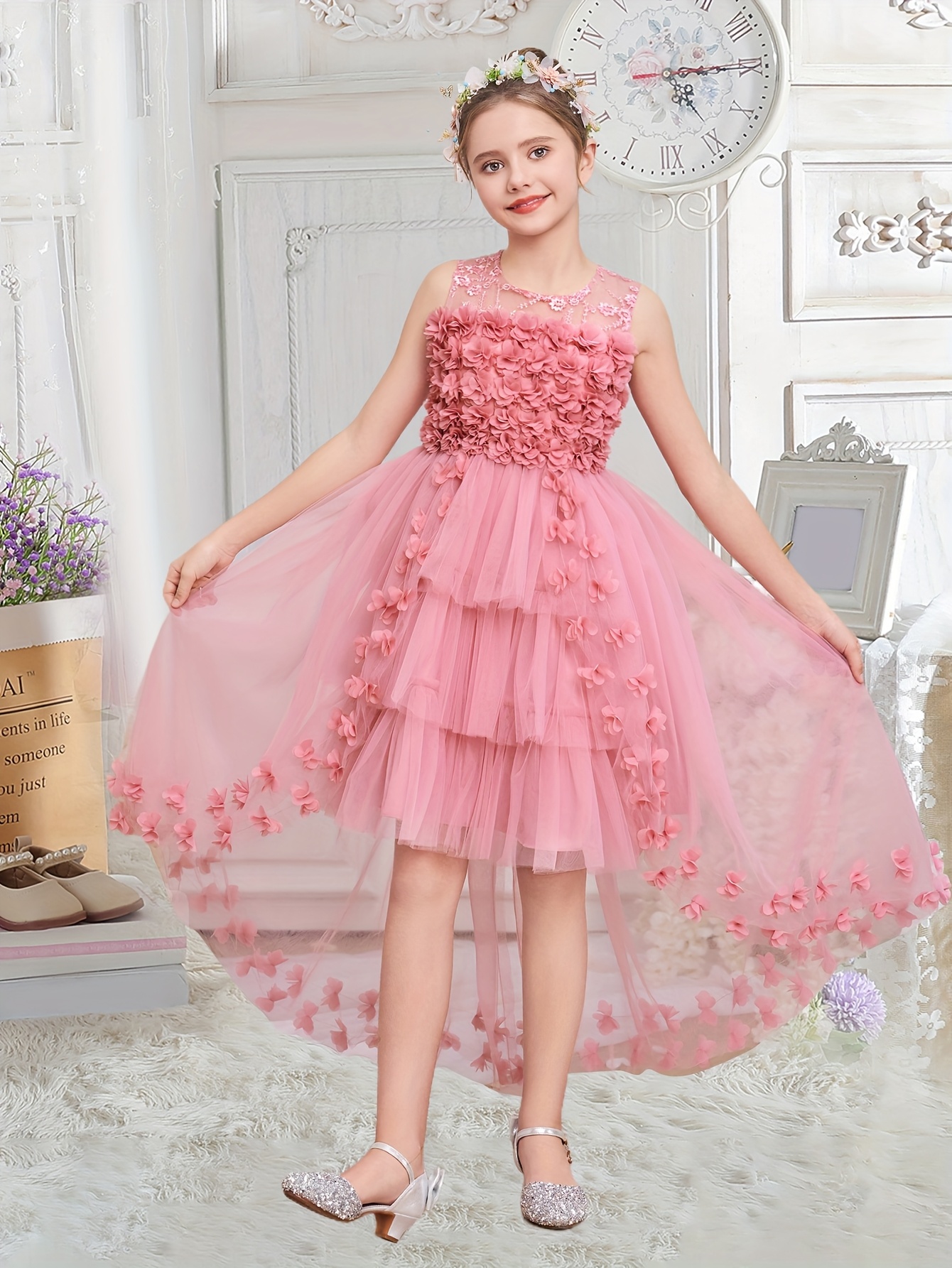 elegant girls' pink lace petal tulle dress sleeveless a line