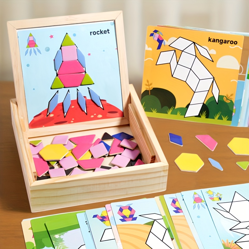 Multifunctional Tangram Puzzle with Wooden Box and 30pcs Blocks