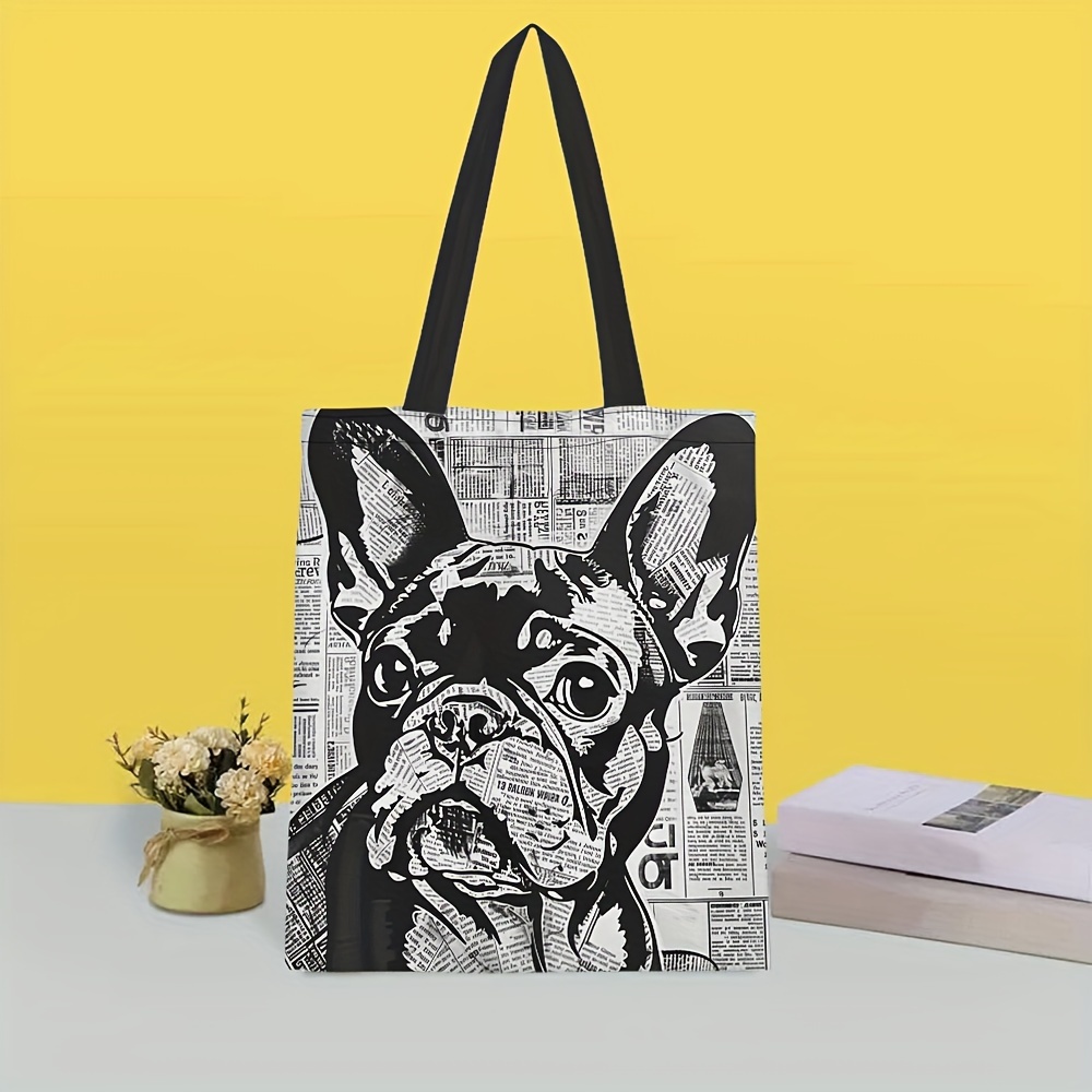 

1pc Polyester French Bulldog Print Tote Bag, Reusable Square Shoulder Grocery Bag With Wide Straps - Washable, High-density Fabric Handbag For Women, Daily Use & Shopping