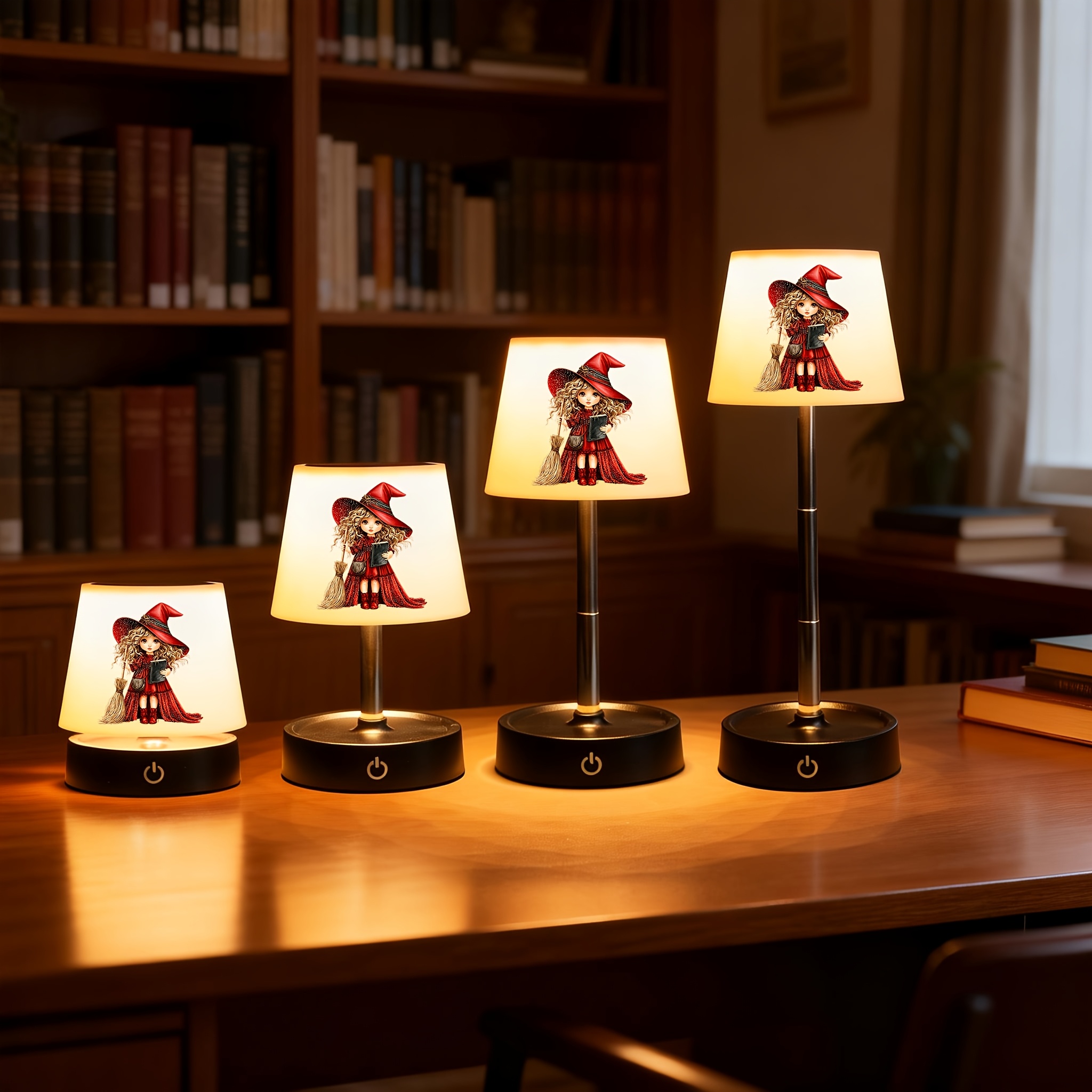 Little Red Witch Broom Magic Book Halloween Pattern Desk Lamp, Rechargeable & Dimmable