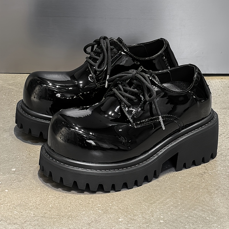 Punk Style Metal Buckle Platform Shoes, Glossy Patent Round Toe Shoes, Street Trend Dark Style Casual Shoes