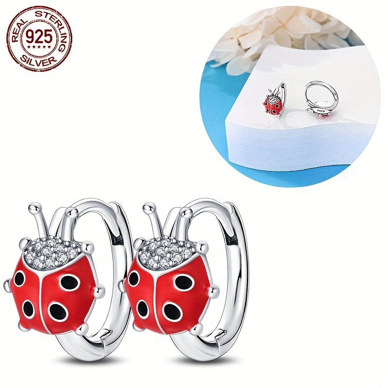 

A S925 Sterling Silver Madonna Ladybug Design Hoop Earring For Women's Cute Insect Shape Jewelry Exquisite Jewelry Holiday Birthday Gift