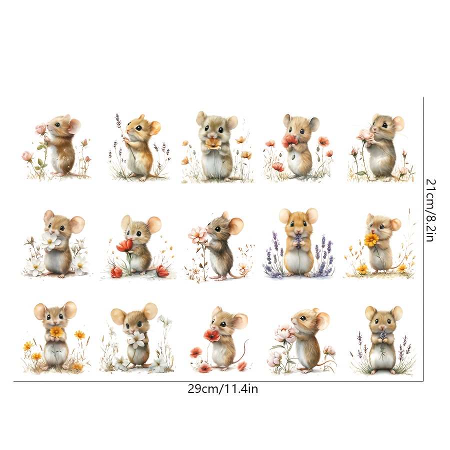 Image of 15pcs Watercolor Mouse Dtf Transfer - Pvc Waterproof With Crystal Embellishments For Cups, Bottles, Laptops - Glossy End, Rectangle Shape - Decorative Craft Supplies