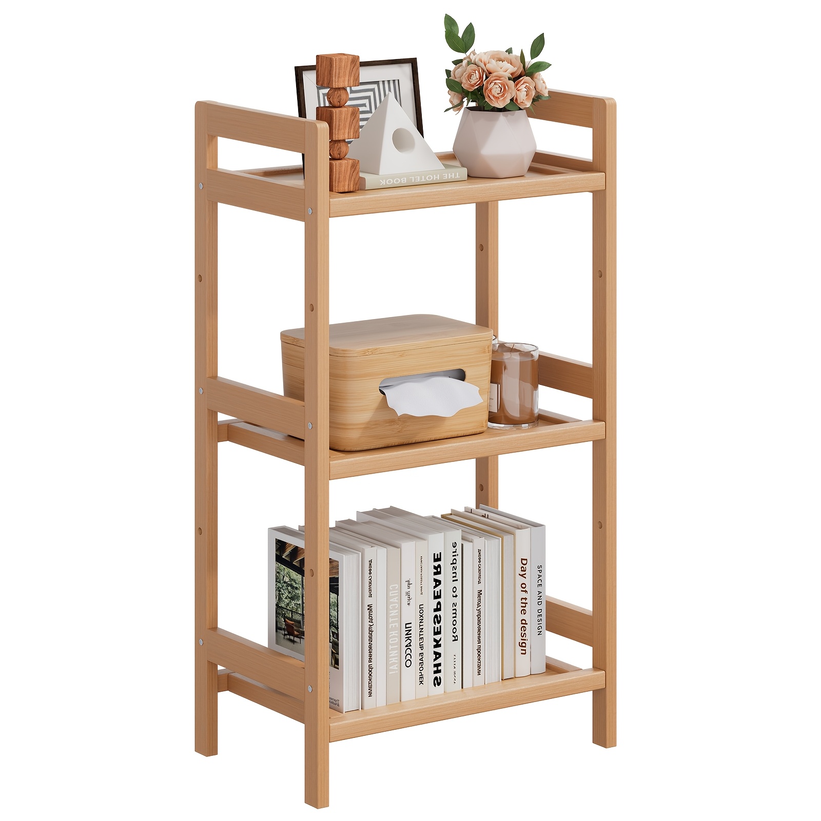 TEMU 3-tier Standing Shelf Unit - Space- Shelf With Natural Wood Storage Rack, Rounded Safety Edges & Multi-tier Shelves Suitable For Tight Spaces,