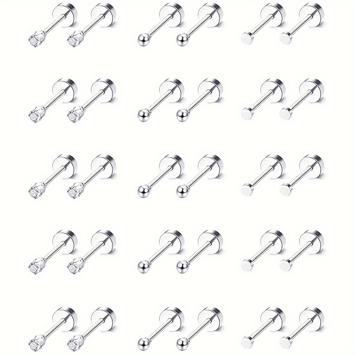 TEMU 15 Pairs Tiny Surgical Steel Stud Earrings For - Hypoallergenic Cz Dot Ball Stud Earrings Set - , Small 2mm Flat Back Earrings