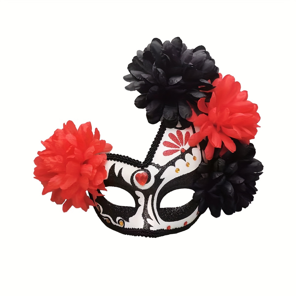 

Day Of The Dead & Masquerade Mask With Floral Accents - Plastic/fabric, No Battery Needed, Featherless Party Decor