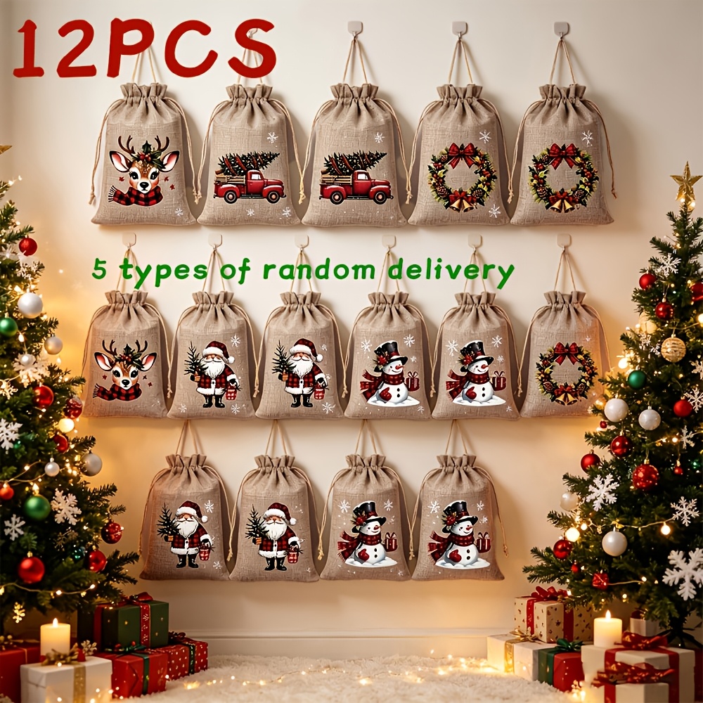 TEMU Set Of 12 Christmas Storage Pouch Gift Bags, Reusable Drawstring Sacks With 5 Christmas-themed Designs , Ideal For Christmas Party Presents,