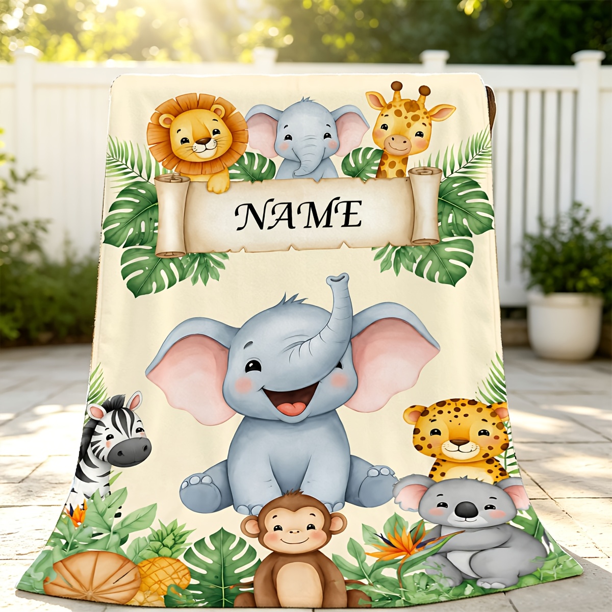 Custom Name Jungle Elephant Flannel Blanket, All-Season