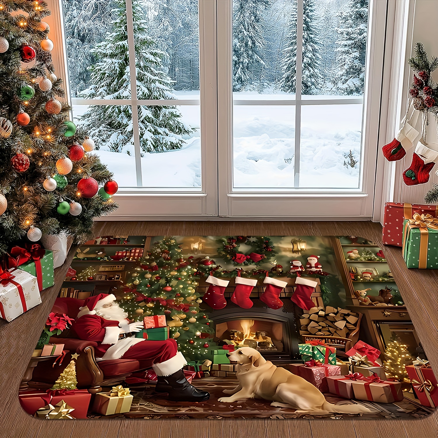 TEMU 1pc New Santa And Puppy Gift Design Living Room Mat, Soft And Comfortable, Suitable For Entryway, Playroom, Living Room, Study, Bedroom, Perfect