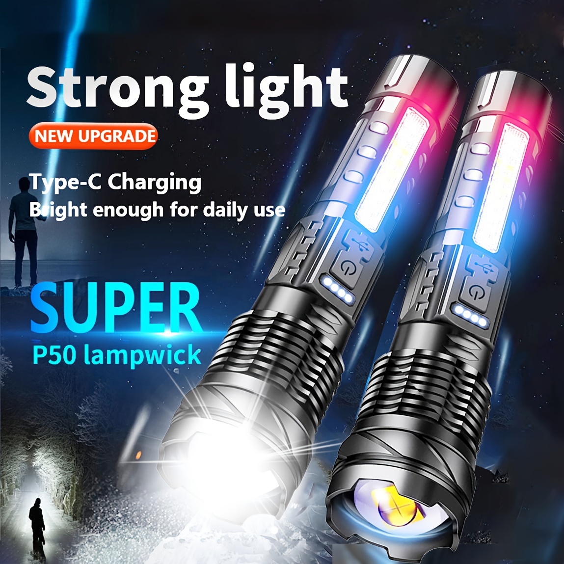 

2 Led Flashlights Charging Portable Long Life Laser With Side Light 4 Emergency Lighting Flashlight Outdoor Special Working Light Flashlight