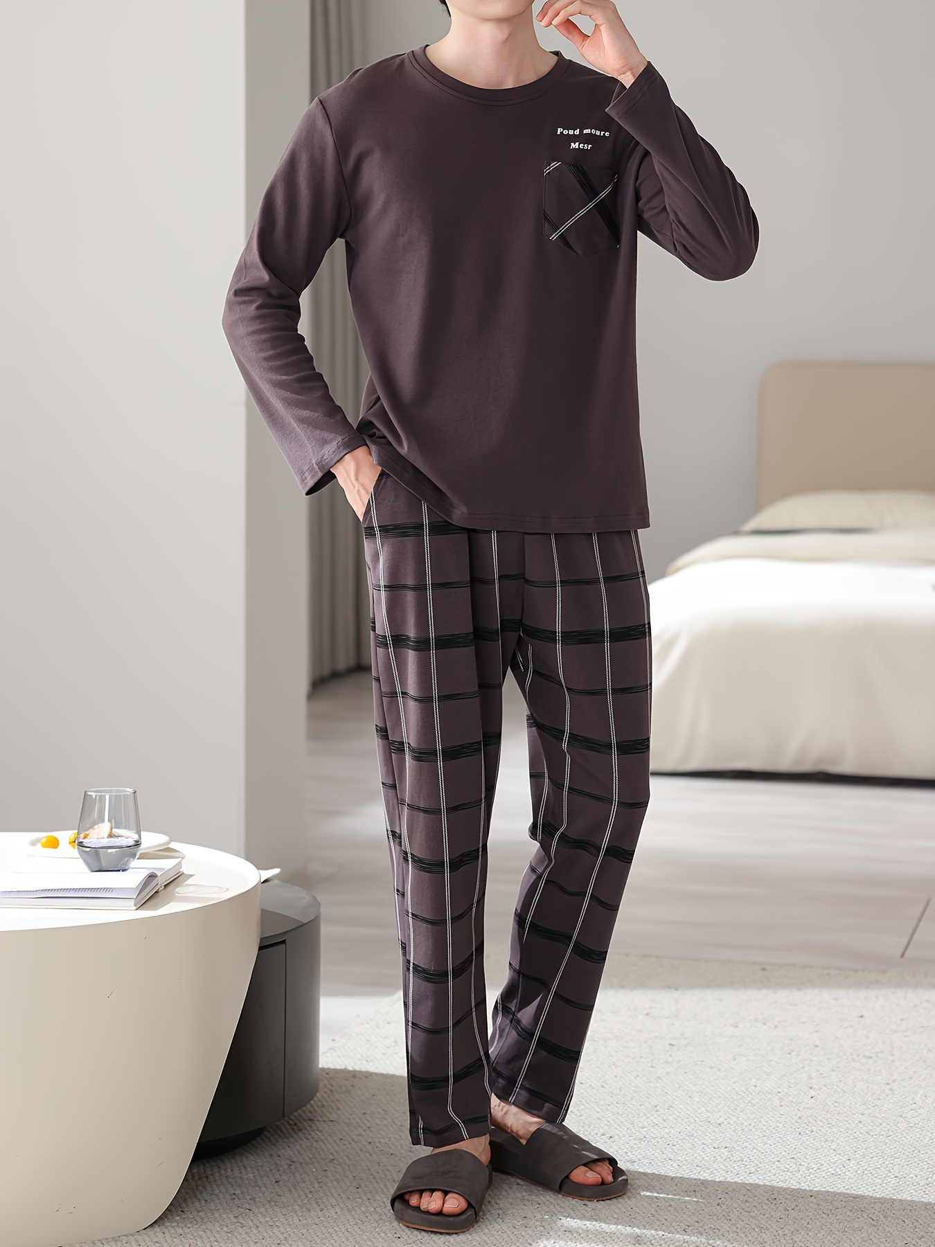 1set Men'S Casual Cotton Pajama Set, Long Sleeve Round Neck Sleepwear with Pockets, Loose Fit Knitted Pullover for Spring/Autumn - Comfortable Thin Cotton Outfit