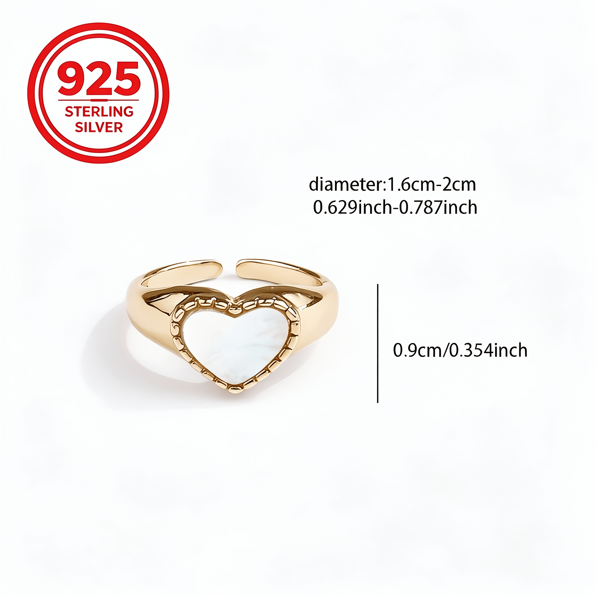 925 Silver Adjustable Heart-Shaped Shell Ring, Luxury Gift