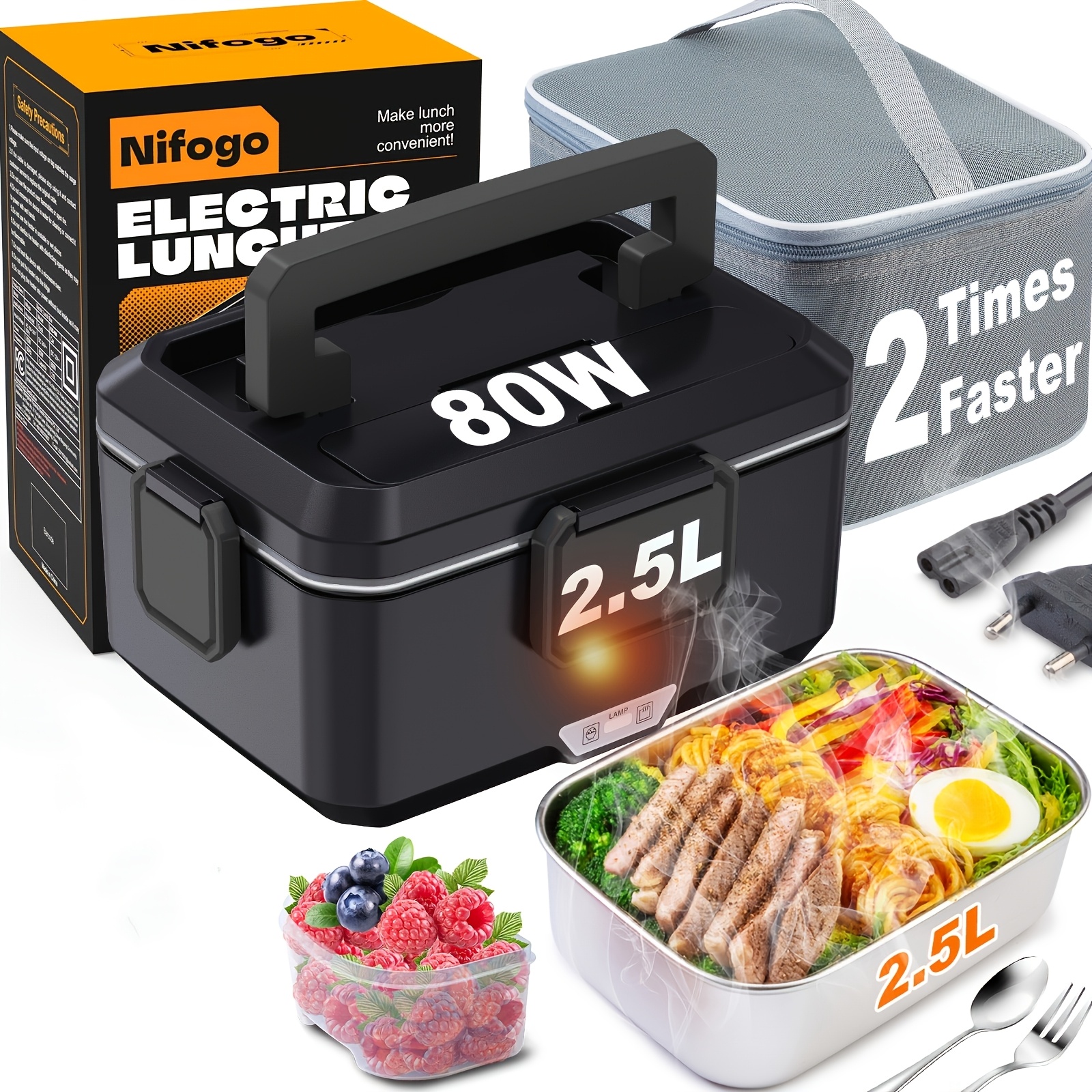 Image of 80w .5l Heating Lunch Box, Very Suitable For Adult Meals. A Portable Heating Lunch Box Designed For Heating Food On The Go. With An Insulated Bag And A Set Of Cutlery.
