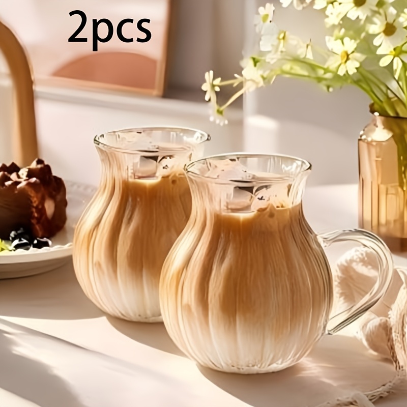 TEMU 2pcs Set Wavy Vertical Stripe High Borosilicate Clear Glass Cups, 220ml Curved Body With Handle, Small Coffee And Tea Cups, Microwave And