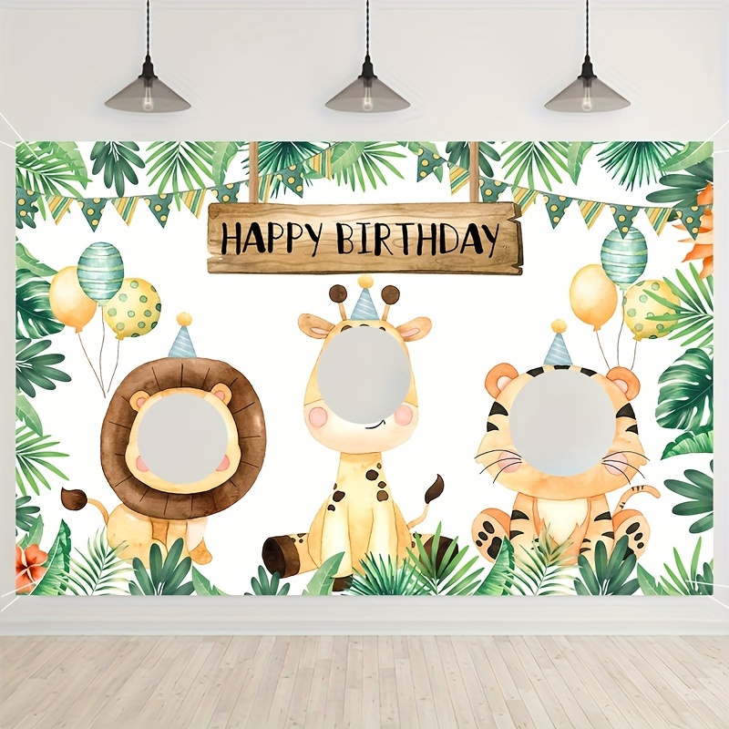 

Jungle Backdrop - Cute Lion, Tiger & | Polyester Photo Booth Background For Birthday Celebrations & Nursery Decor