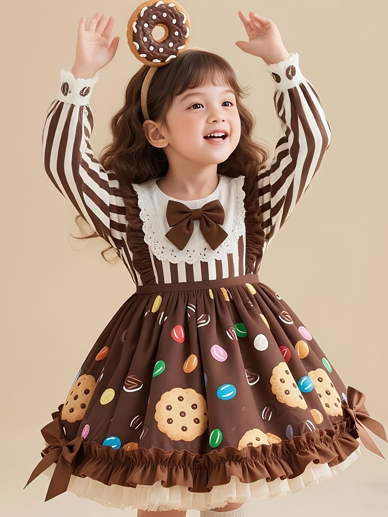 candy brown dresses Brown [Candy House] Multi-Layered Print Ruffle Bowknot Lace-Up Sweet –  LolitaInside main image 1