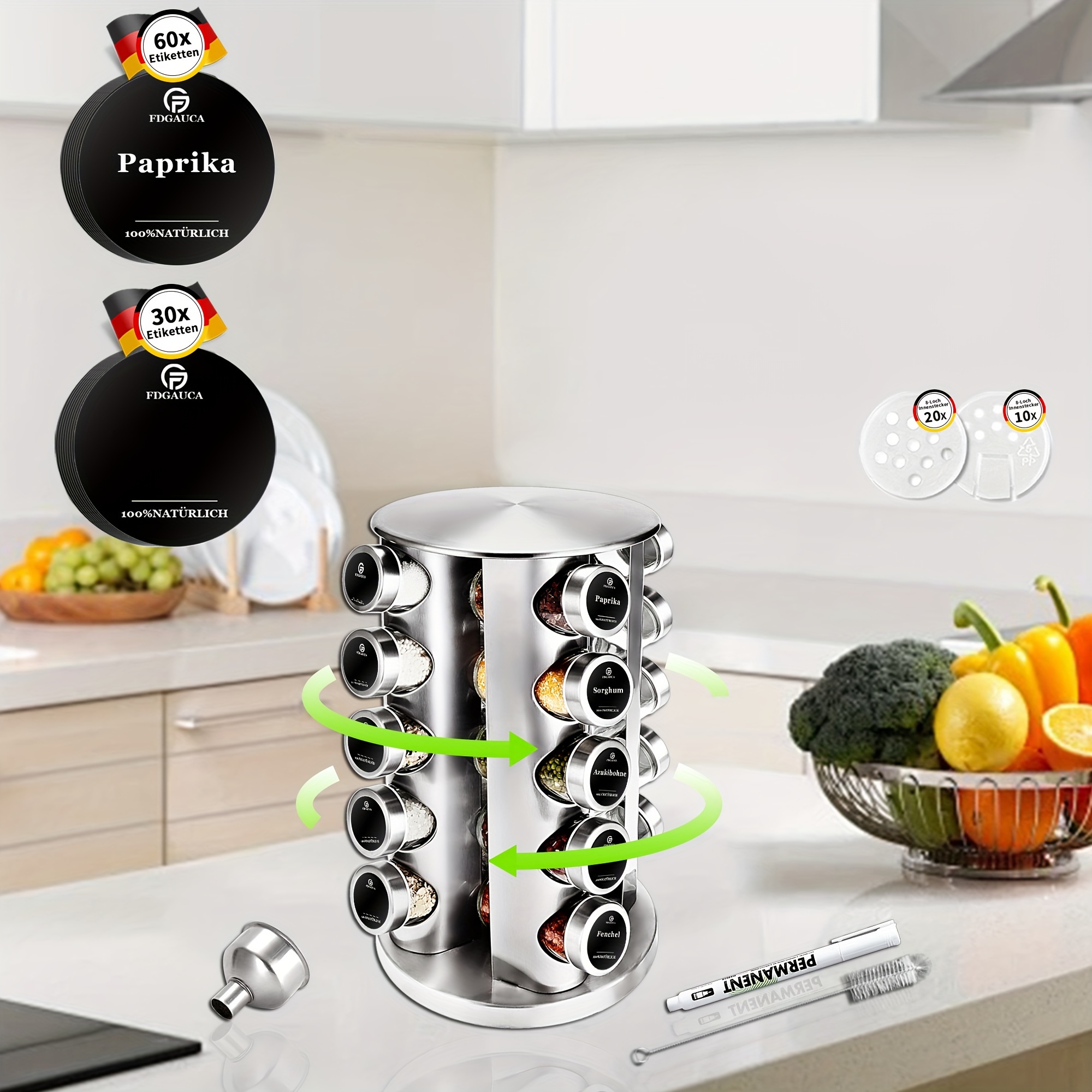 360° Rotating Spice Rack With 20x100ml Spice Jars Stainless Steel Free Standing Spice Organiser With Black German Labels For Kitchen Spice Organisation And Storage