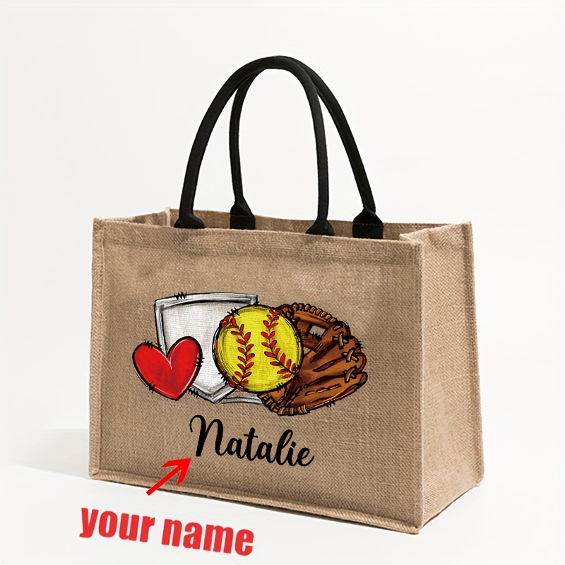 

1pc Custom Canvas Tote Bag - Personalized Name & , Polyester, Machine Washable, Foldable & Fade-resistant With Black Handles - Ideal For Beach, Shopping & Softball Team Gifts