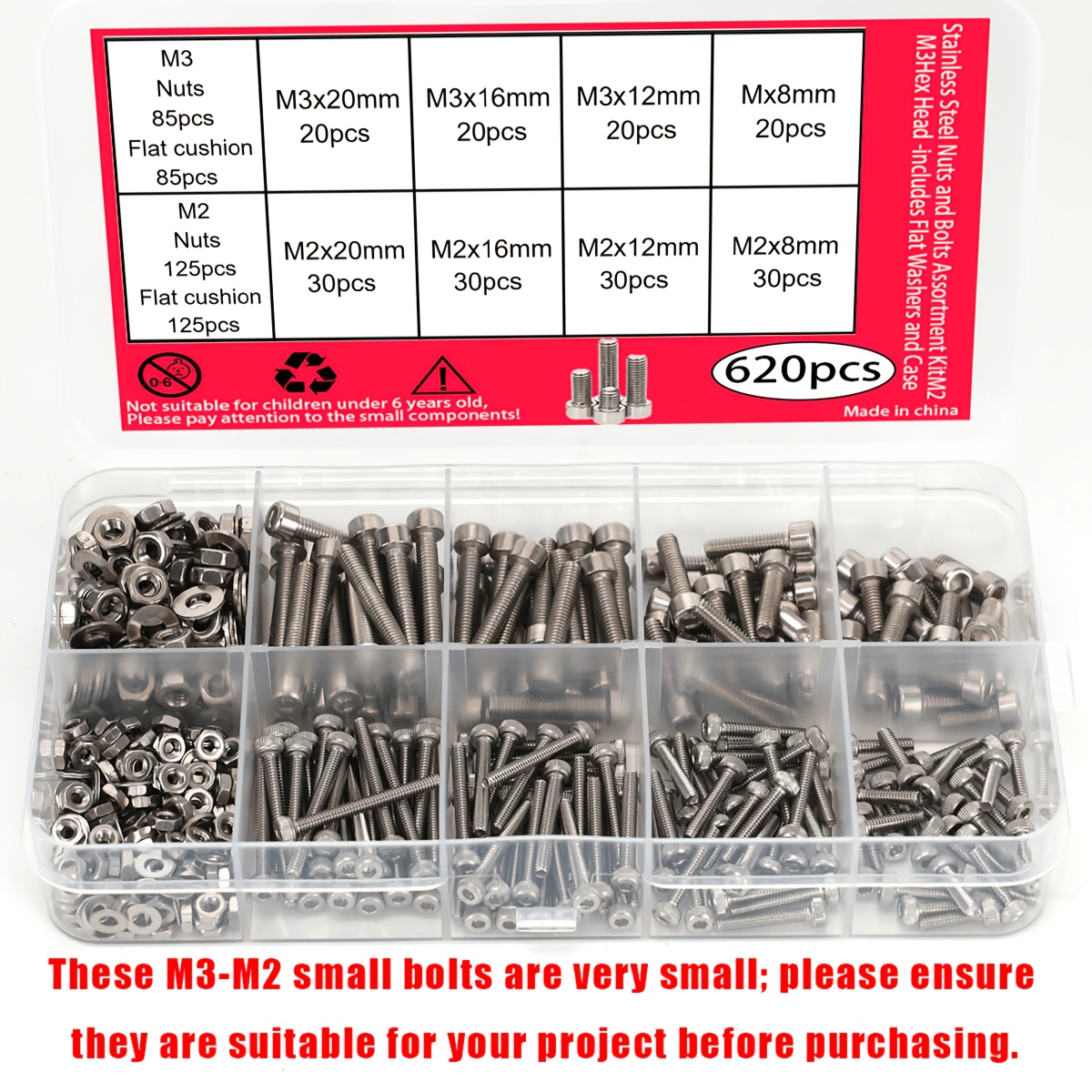 TEMU 620pcs Stainless Steel Hex Socket Head Screws Nuts And Washers Assortment Kit M2, M3, 8.8/10.9 Marine Grade, Hex Socket Head Screws, Nuts And