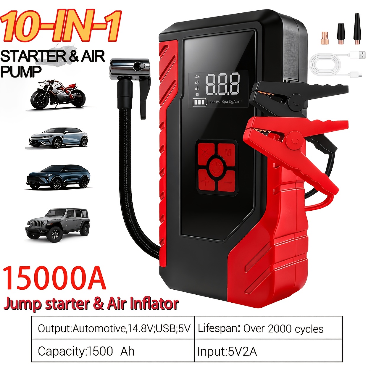 TEMU Avviatore di emergenza per auto da 15.000 A di picco e gonfiatore portatile per pneumatici da 250 PSI, 12 V (/Diesel ,11 ) per un avviamento del