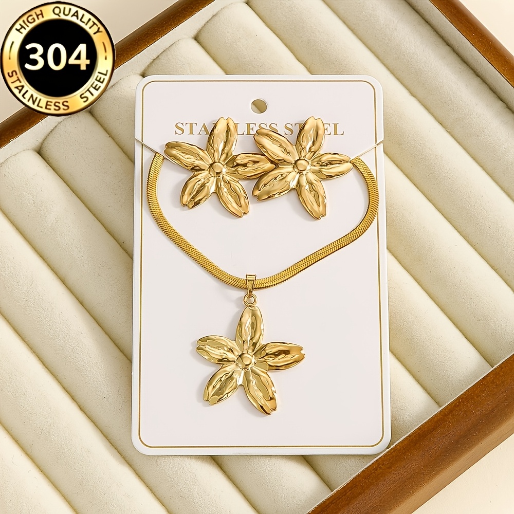 3pcs Flower, Star, and Geometric Stud Earrings and Necklace Set