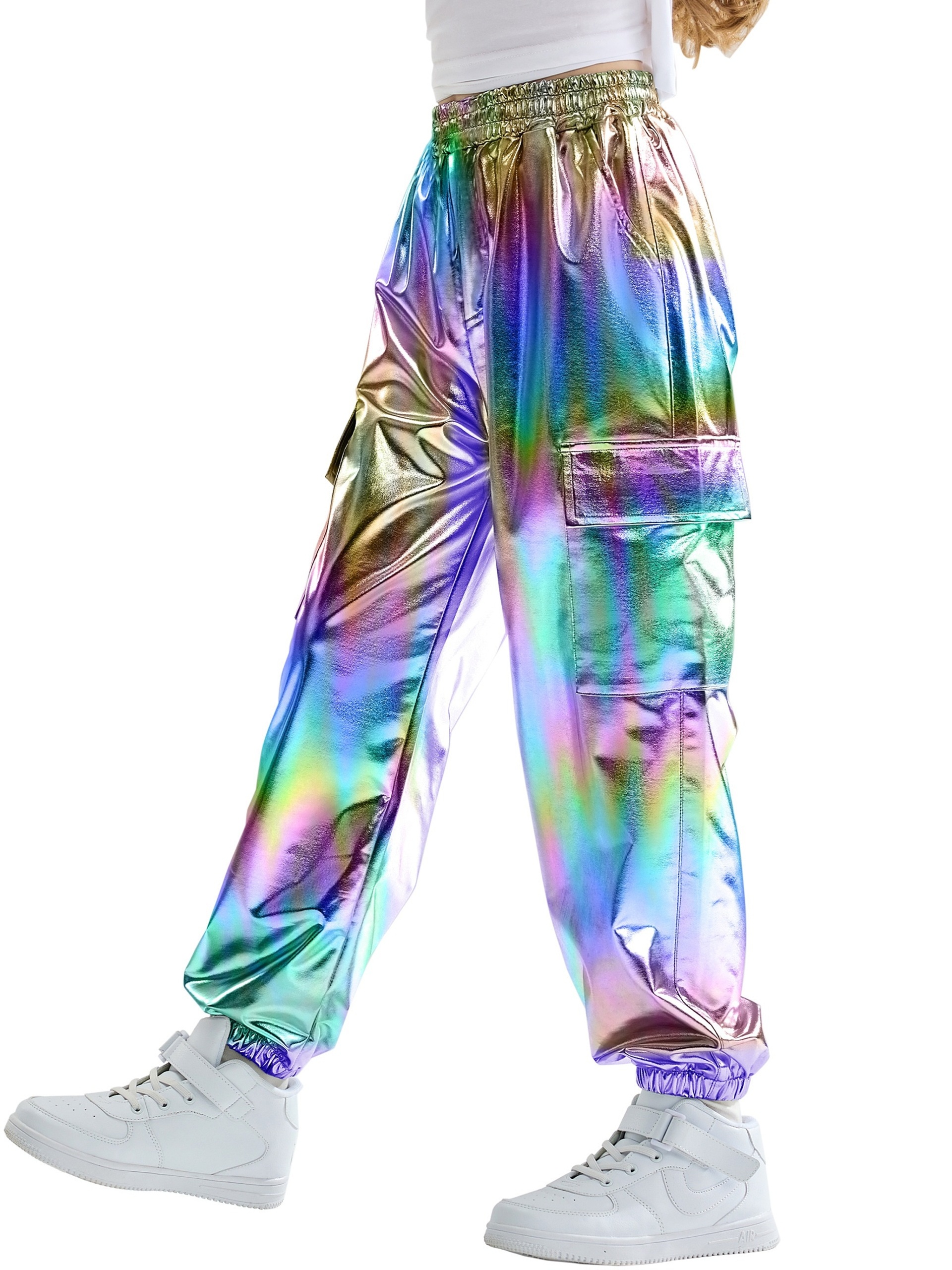 item picture loose fitting cargo pants for girls   street photography street dance and hip hop   in metallic colors for children aged 4 to 15 for outdoor