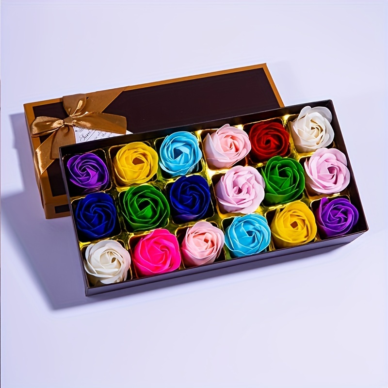 

A box containing 18 soap rose flowers, a lovely gift for Valentine's Day, Mother's Day, or a birthday. These simulated flowers make for a charming souvenir or small holiday present. Color may vary.