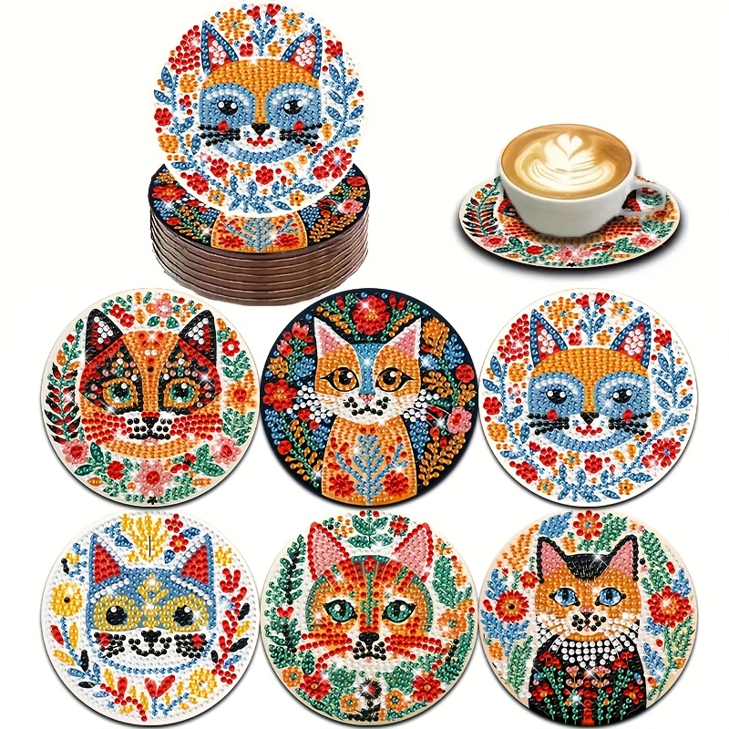 TEMU Kit de 6 posavasos de pintura de diamantes con diseño de gato bohemio, posavasos de diamantes, tapetes antideslizantes para bebidas - Posavasos