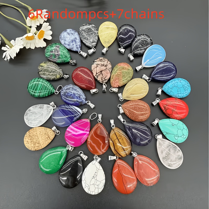 TEMU 13pcs Mixed Lot (6pcs Random Colors Pendant And 7pcs Chains) Natural Water Drop Gemstone Pendant, Charm For Chakra Leather Cord Jewelry Gift