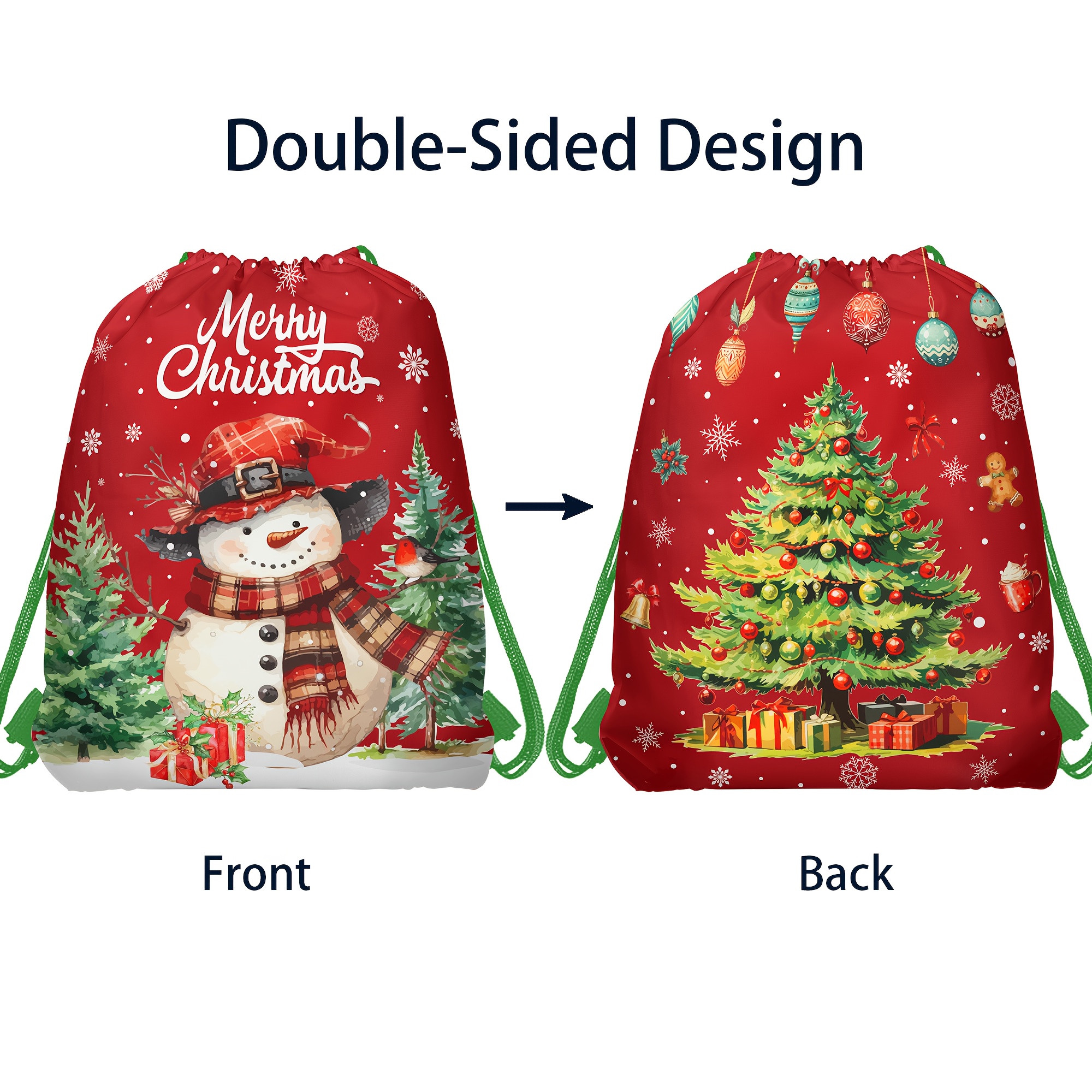 Image of 5pcs Pack 5pcs Christmas Goodie Bags With Santa & Tree - Non-woven Drawstring Backpack Suitable For Party Favors, Treat Bags, Events - Fabric Gift Bags