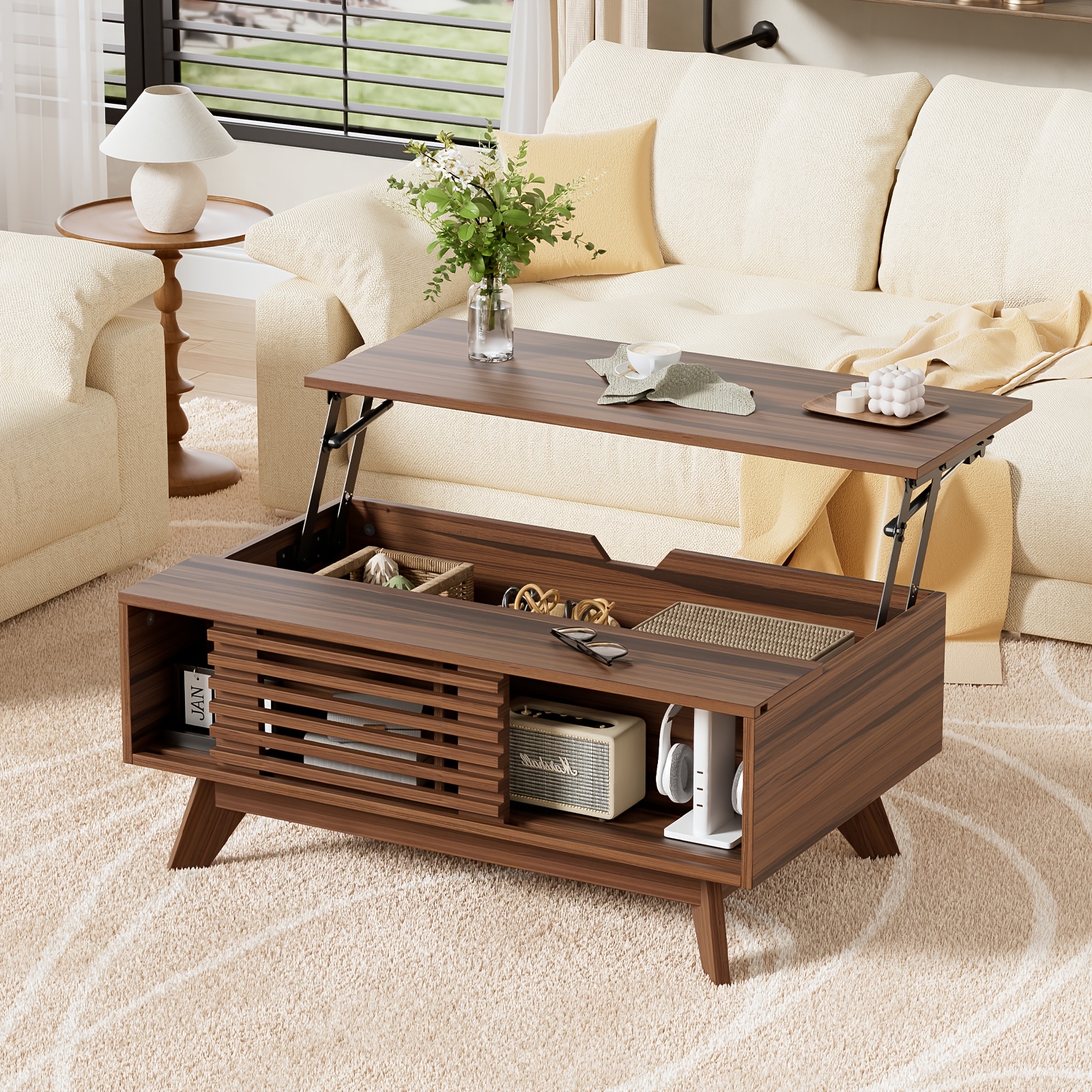 Image of Lift Top Coffee Table, With Hidden Large Storage Compartment And Open Shelf With Sliding Doors, For Living Room
