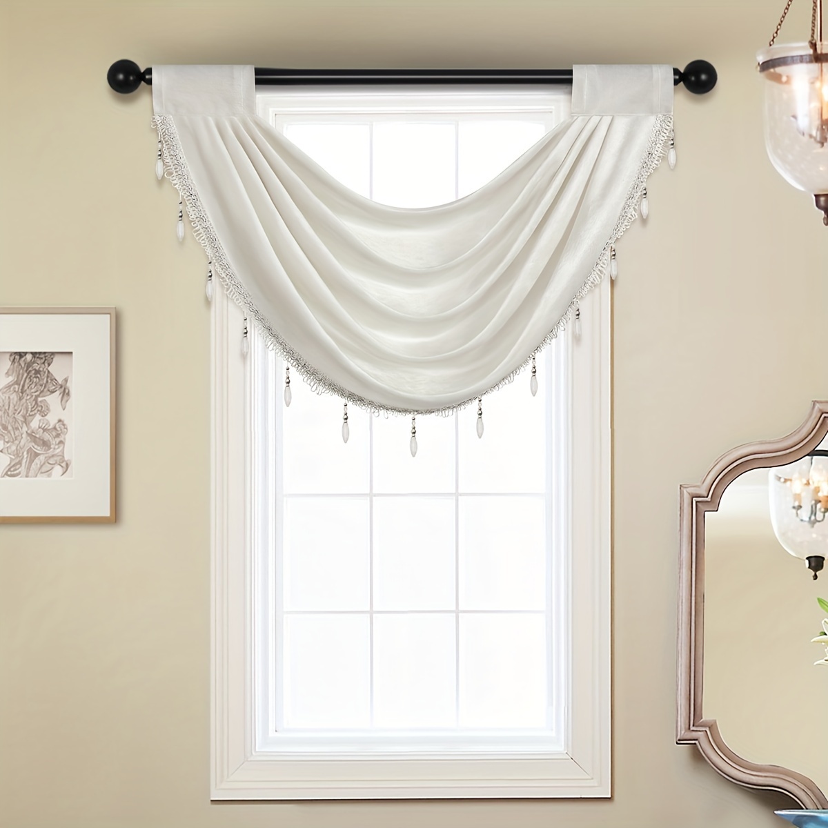 Image of 1pc, Solid Color Easy European Style Short , Italian Thin Velvet Material Beaded Valance And Curtain , Suitable For Living Room Bedroom Window Cabinet And Door Decoration