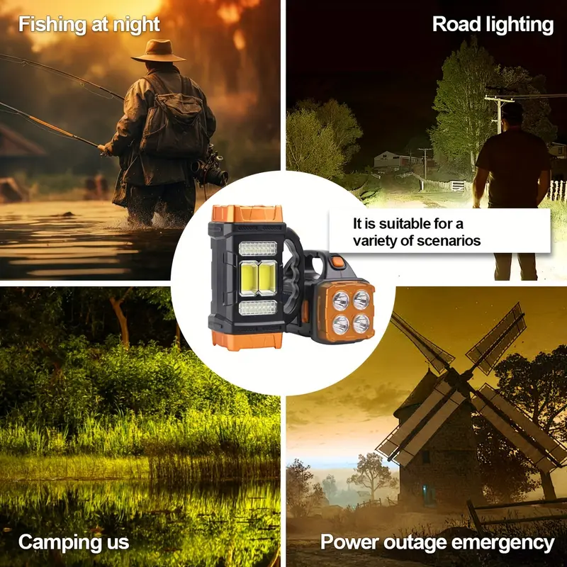 1pc solar powered led flashlight usb rechargeable cob side light multi modes lighting portable searchlight lamp for outdoor hunting boating camping and home emergency details 2