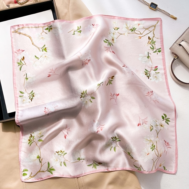 TEMU 100% Silk Women's Small Square Scarf - Made From Premium Silk, Lightweight, Flowing, And The Skin Without Irritation. Features Floral Pattern