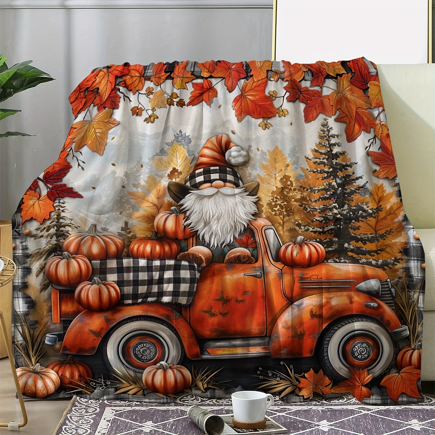 

Cozy Vintage Autumn Maple Leaf & Pumpkin Gnome Flannel Throw Blanket - Soft, Warm, And Versatile For Couch, Bed, Car, Office, Camping, And Travel - Perfect All-season Gift