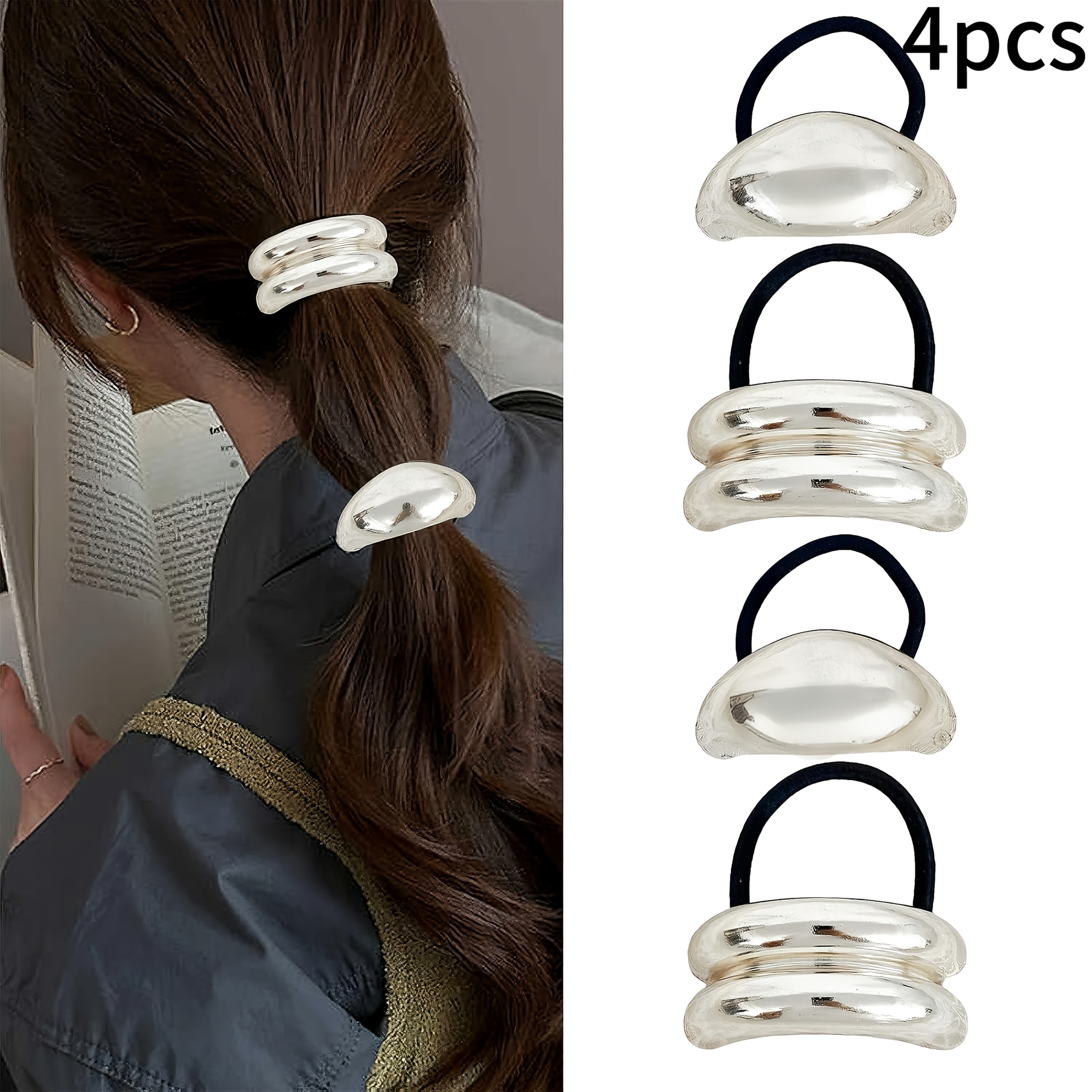 Image of Metal Ponytails Hair Cuffs, Silvery Geometric Hair Ties Fashion Glossy Arch Ponytail Holders Hair Tie For Women Hair Additions Rubber Bands For Hair No Damage 4pcs