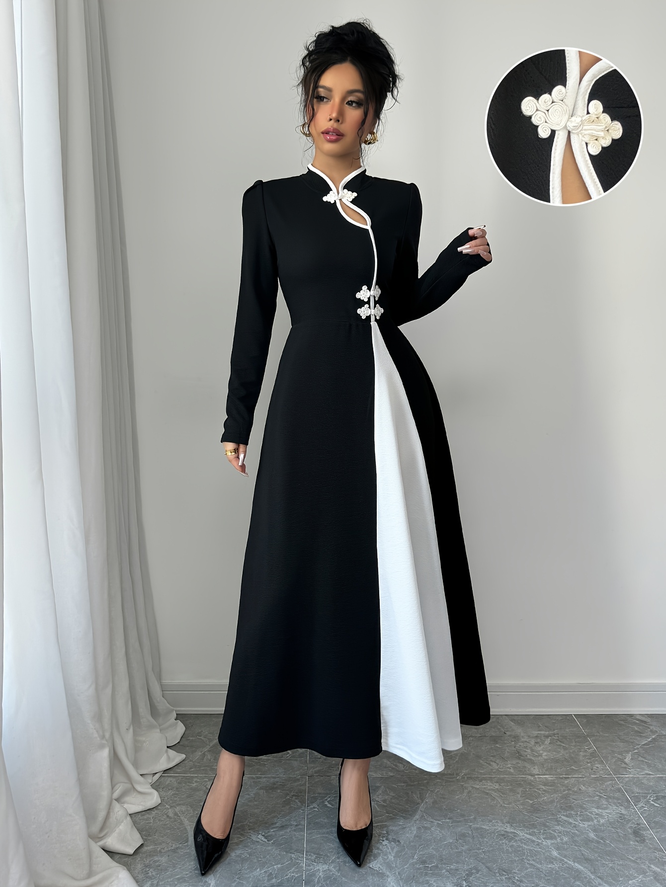Long-Sleeved A-Line Dress with a Black And * * And a Stand Collar, Suitable  for Weddings, Church Events, Or Elegant Parties