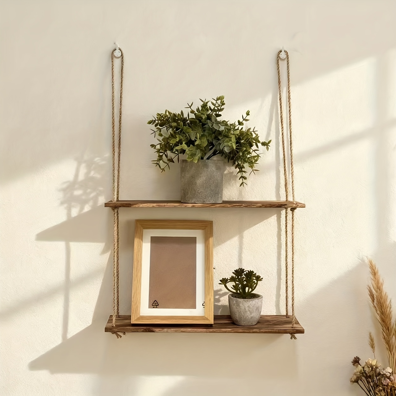E-shop Holz-Schwebregal, wandmontiertes zweistufiges Regal mit Seil-Aufhängern – Rustikale moderne Landhausregale, geeignet für Badezimmer –