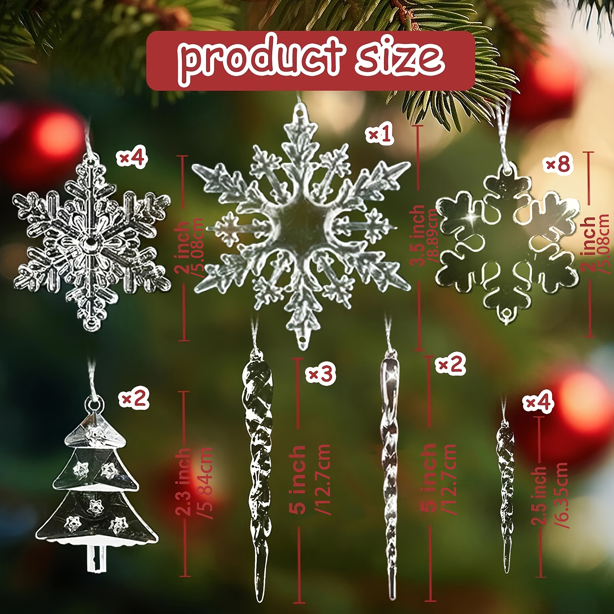 Image of 24 Christmas Decorations Acrylic Crystal Snowflake Icicle Ornaments (with 5m ), Winter Santa Claus Pendants. Perfect For Christmas/winter Parties, Weddings, And An For Christmas Tree Decorations