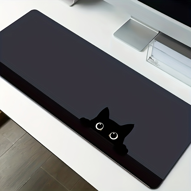 TEMU Cute Black Cat Design Large Extended Mouse Pad 35.4x15.7in, Stitched Edges, Non-slip Base, Polyester Desk Mat For Wireless Mouse And Keyboard,