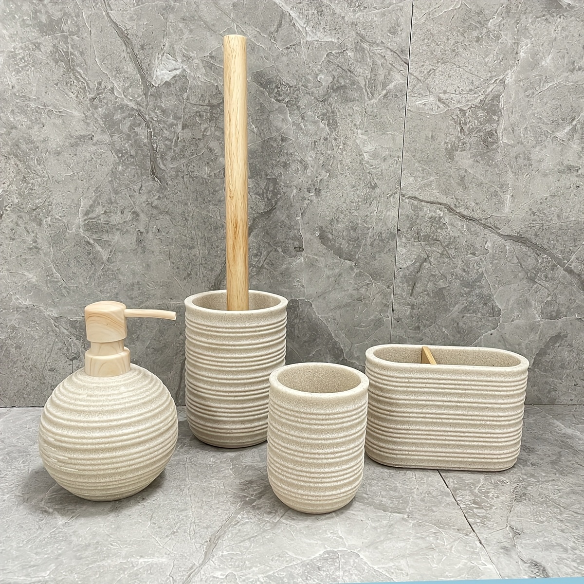 Image of Water Transfer Print Nozzle, Beige Gravel Emulsion Bottle Mouth Cup, Toothbrush Holder, Toilet Brush With Wooden Handle, 4pcs Bathroom Set