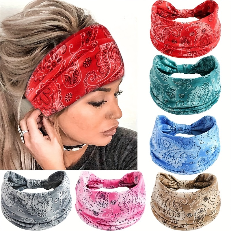 

Set Of 6 Bohemian Style Hairbands - Cute Polyester Knotted Headbands With Crochet Detail - Fashion Elastic Printed Headbands For Yoga, Sports, And Makeup - Thanksgiving Day Women's Hair Accessories