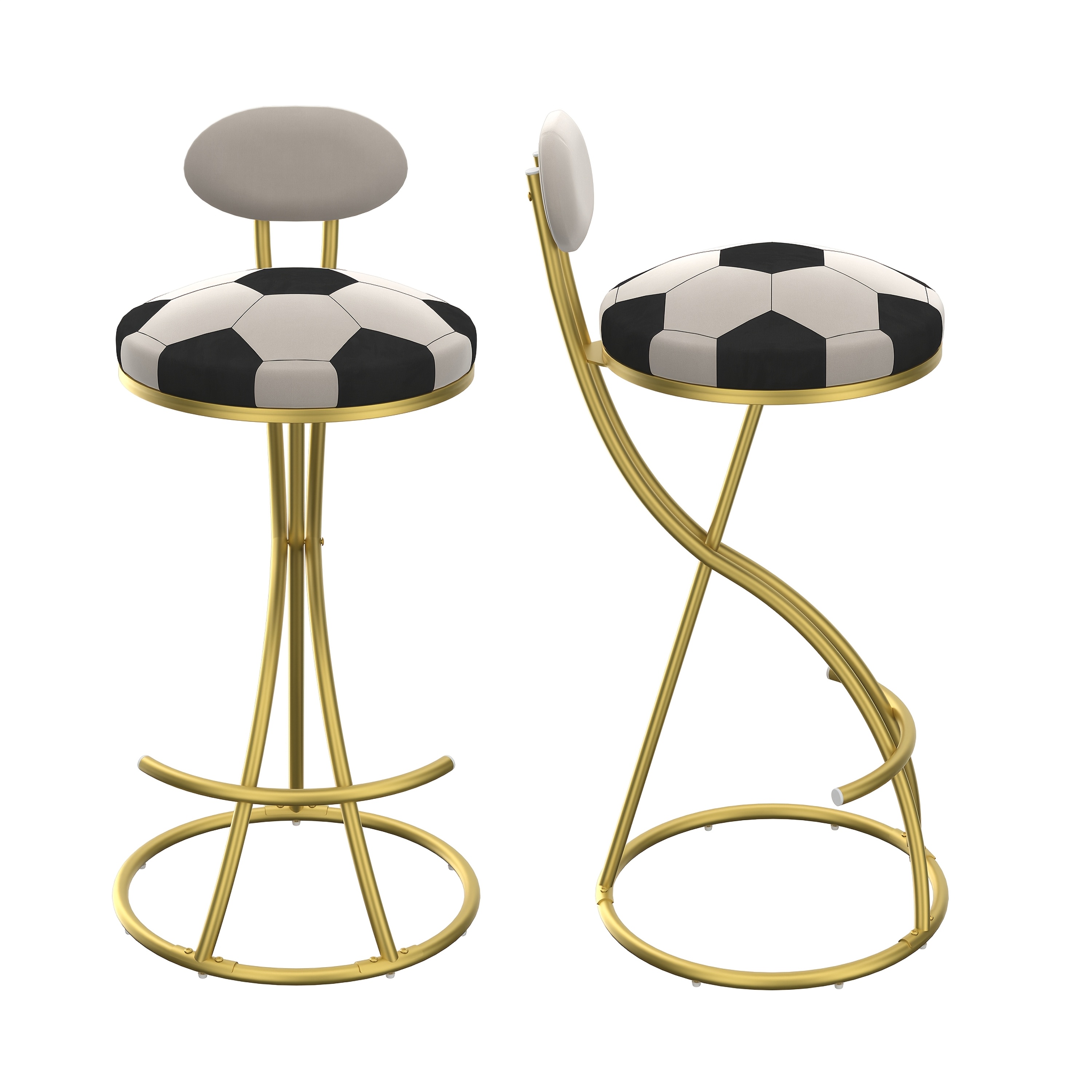 Pair of Contemporary Velvet Bar Stools with Counter Height, Featuring a Golden Metal Frame And S-Shaped Stripe Backrest, Upholstered Round Chairs Inspired by Basketball And Soccer, Complete with Footrest for Dining Areas, Kitchens, And Bars